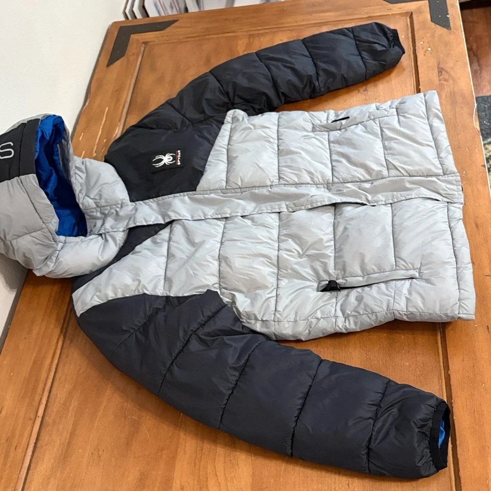 Spyder Silver and Black Hooded Puffer Jacket Size 16